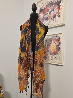 Boho Printed Accent Throw in Mustard Yellow and Navy